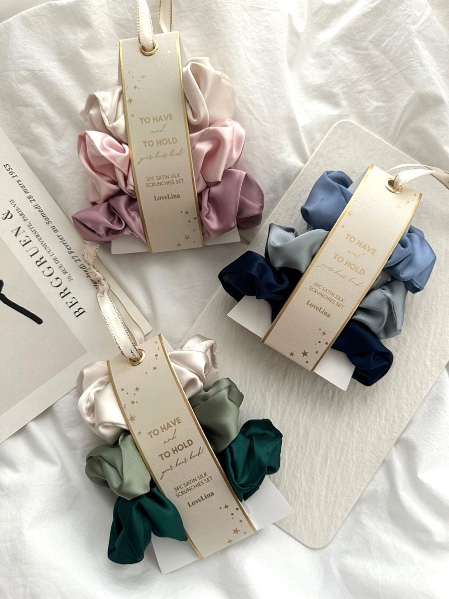 3PC Satin Silk Scrunchies - GAJA: BROWN / ONE SIZE