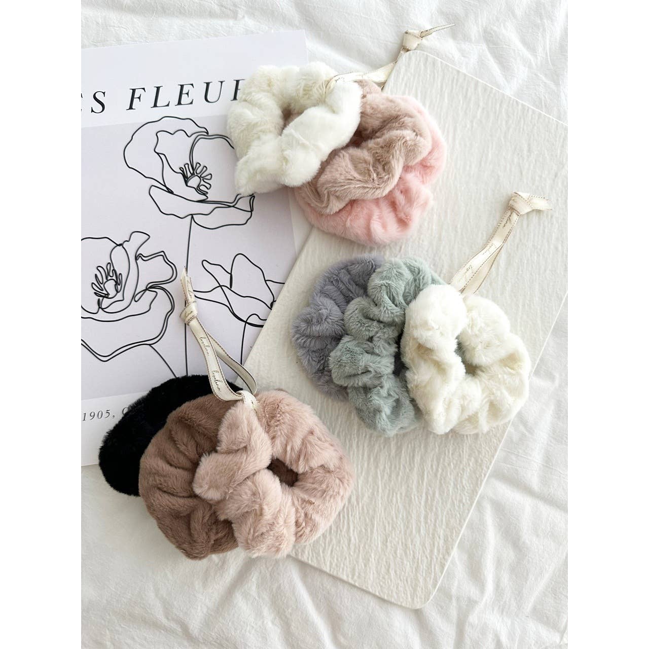 3-Assorted Fuzzy Hair Scrunchies - GONI: PINK / ONE SIZE