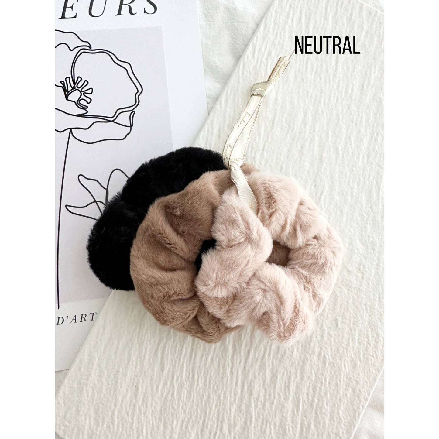 3-Assorted Fuzzy Hair Scrunchies - GONI: NEUTRAL / ONE SIZE
