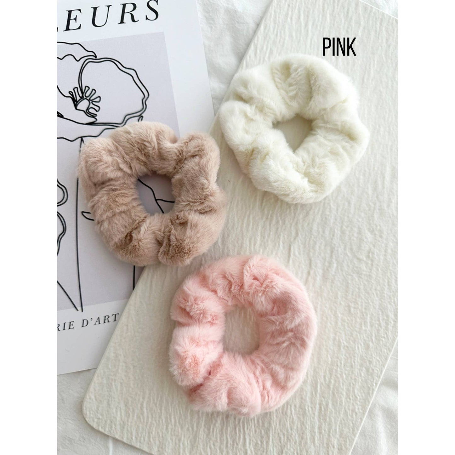 3-Assorted Fuzzy Hair Scrunchies - GONI: PINK / ONE SIZE