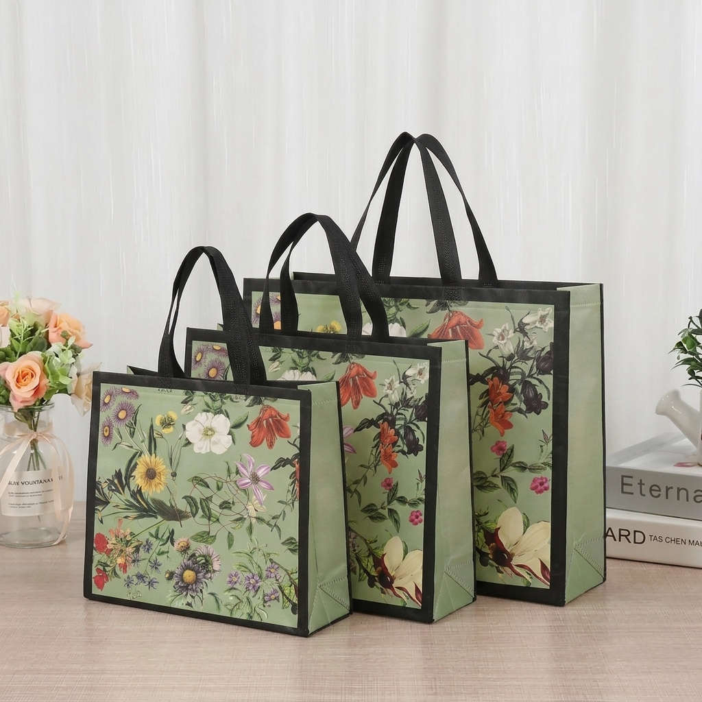 50pc, Green Flower Botanical Black Border Non-Woven Gift Bag: Medium