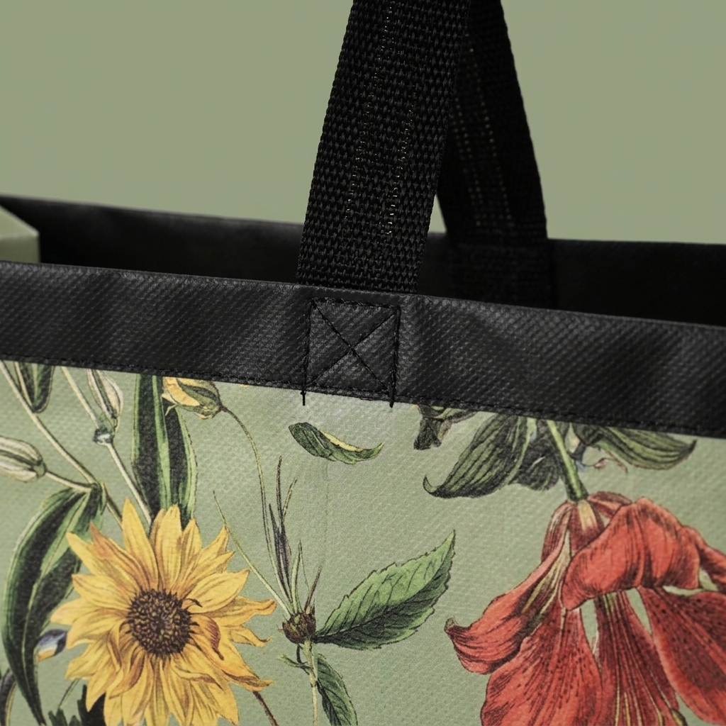 50pc, Green Flower Botanical Black Border Non-Woven Gift Bag: Medium