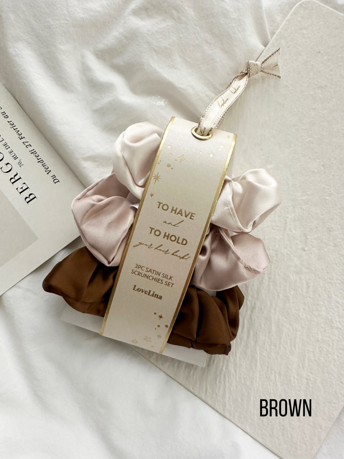 3PC Satin Silk Scrunchies - GAJA: BROWN / ONE SIZE
