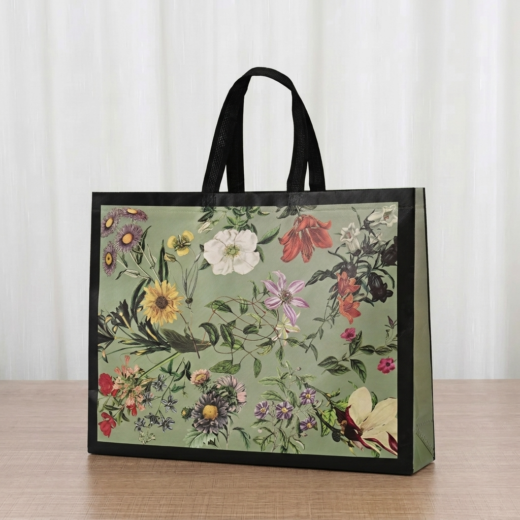 50pc, Green Flower Botanical Black Border Non-Woven Gift Bag: Medium